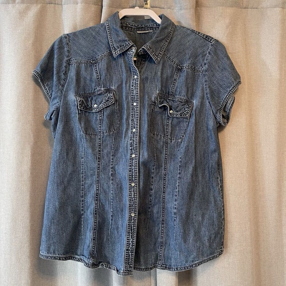 Women’s Denim Top Pearl Snaps Cap Sleeves Fitted Size Med-Large Western Y2K 90s